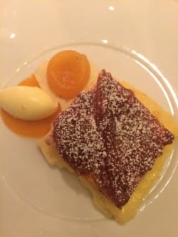 Bread and butter pudding with apricots and passito di Pantelleria