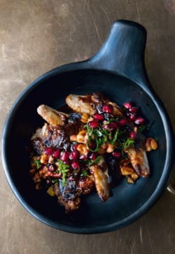 Quails with burnt miso butterscotch and pomegranate and walnut salsa