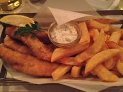 Fried red gurnard and chips and Devon red cider