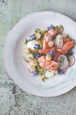 Smoked trout with griddled lemon, cucumber & sourdough croutons