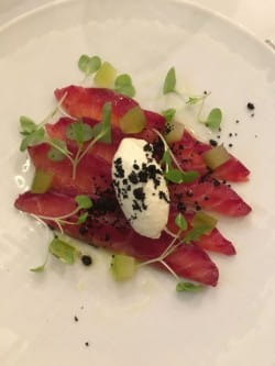  Beetroot-cured salmon with horseradish and Furmint