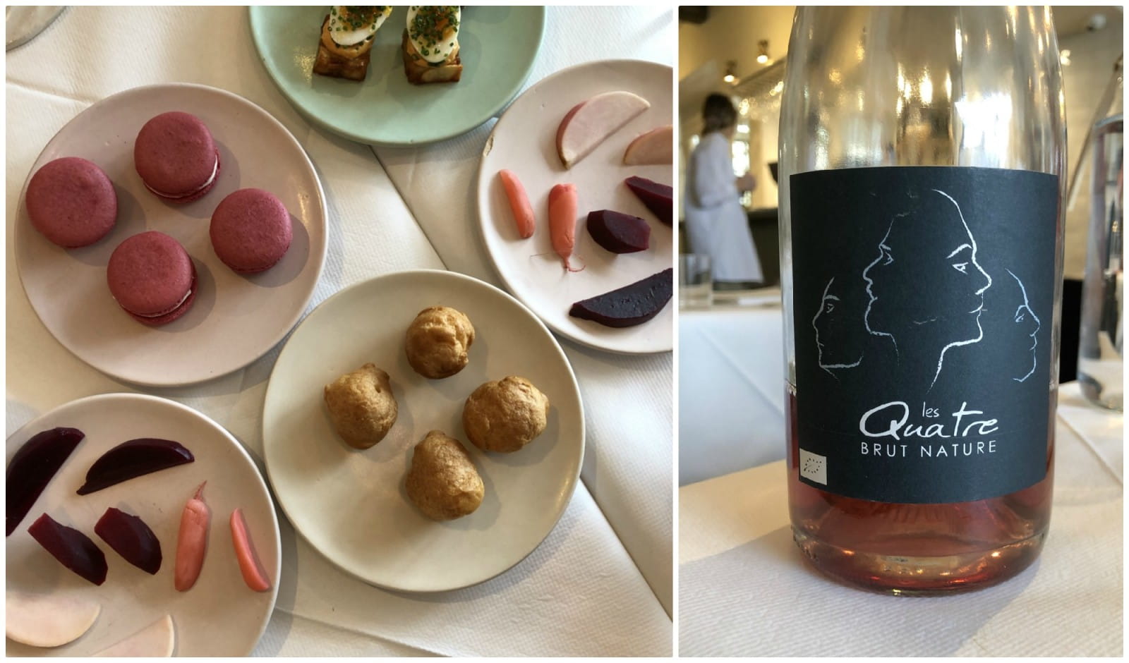 Beetroot and goat cheese macarons with a pet nat rosé