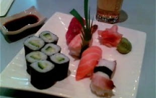 Sushi and Genmaicha (Japanese green tea with roasted rice)