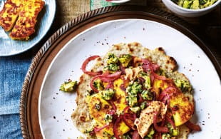 Grilled halloumi flatbreads with preserved lemon and barberry salsa