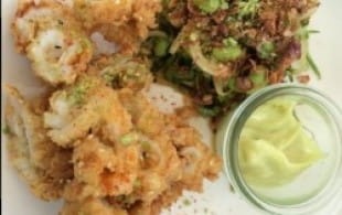 Crispy chilli lime squid with edamame bean and coriander salad and pinot gris