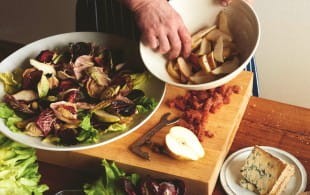 Stichelton, pear and walnut salad
