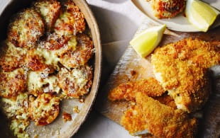 Breadcrumbed Tomatoes Baked in Cream with Fried Chicken