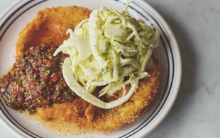 Chicken schnitzel, burnt salsa, fennel slaw