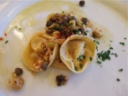 Cauliflower tortellini with hazelnuts and 10 year old Muscadet