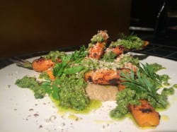 Mature Savennières with chargrilled carrots, burnt aubergine, miso and walnut pesto