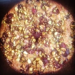 Cherry, pistachio and coconut cake and Seifried 'Sweet Agnes' riesling