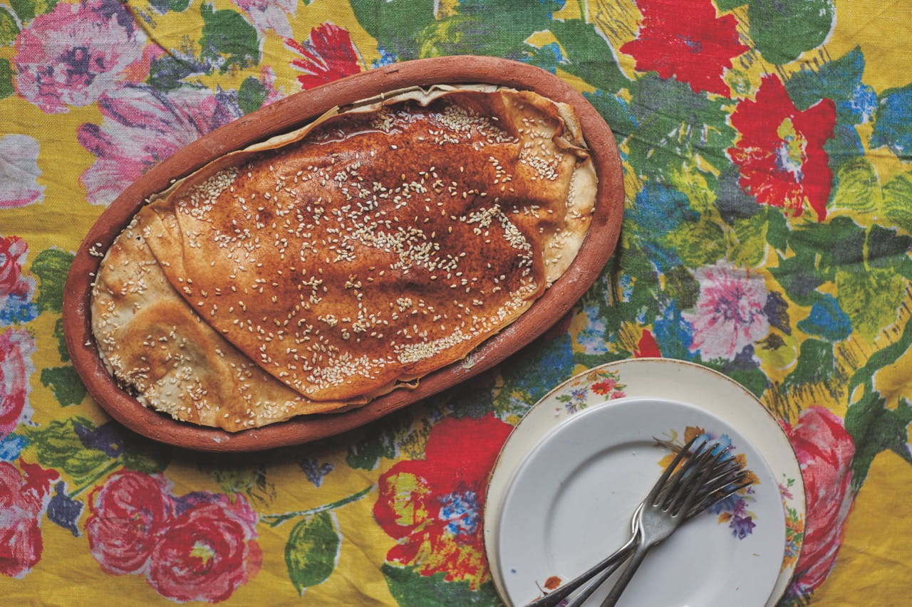 Lavash, chicken & herb pie with barberries