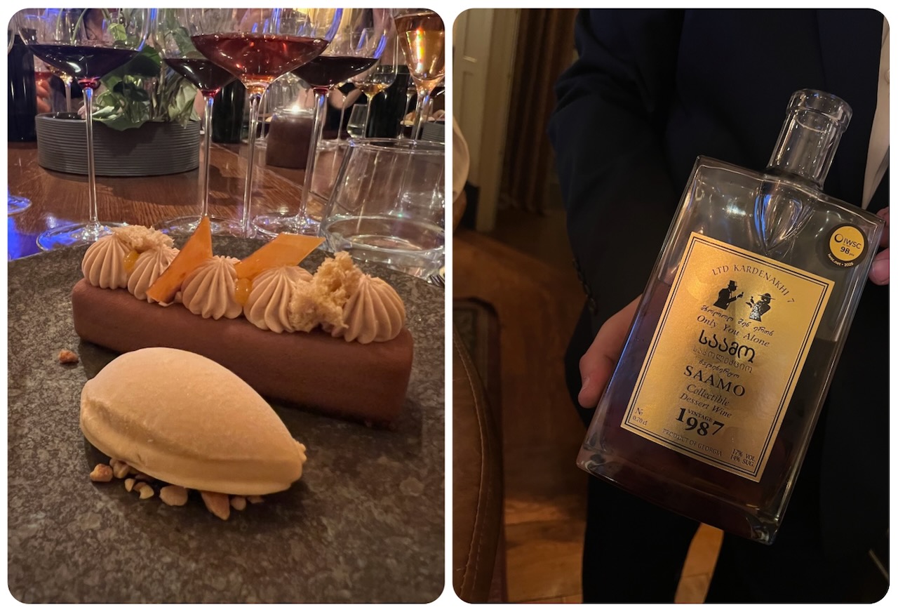 Milk chocolate délice with miso caramel ice cream and a 1987 Georgian dessert wine