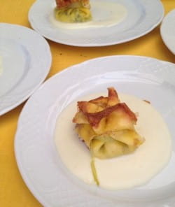Crespelle with wild asparagus and fonduta and extra dry prosecco