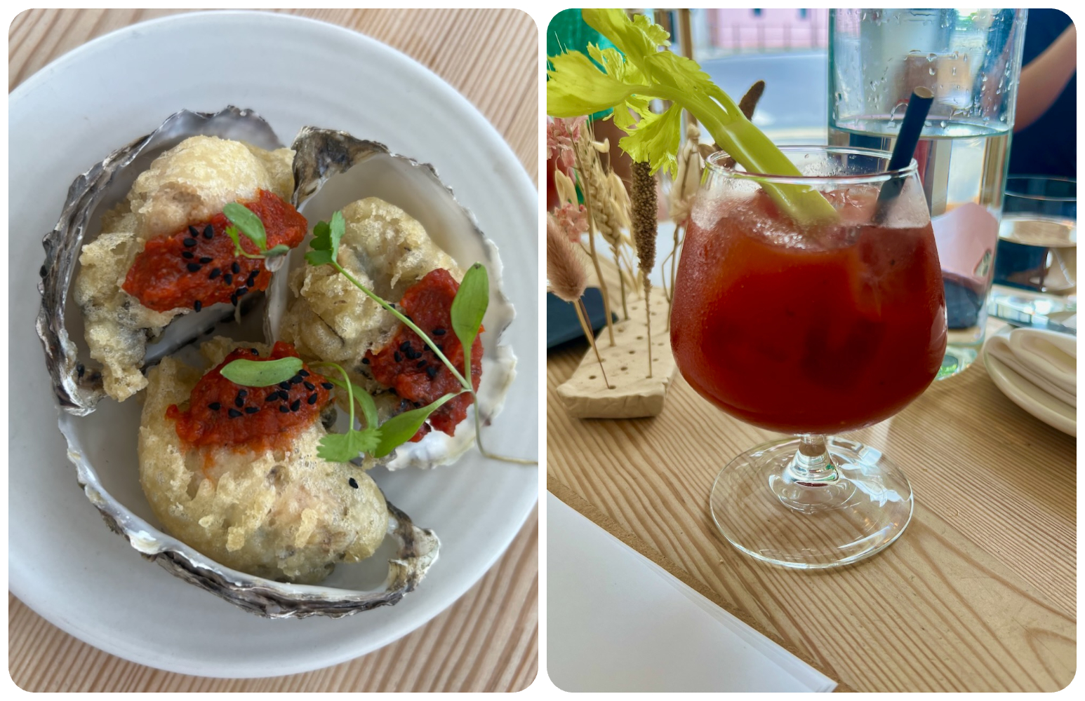 Fried oysters with harissa and a Virgin Mary