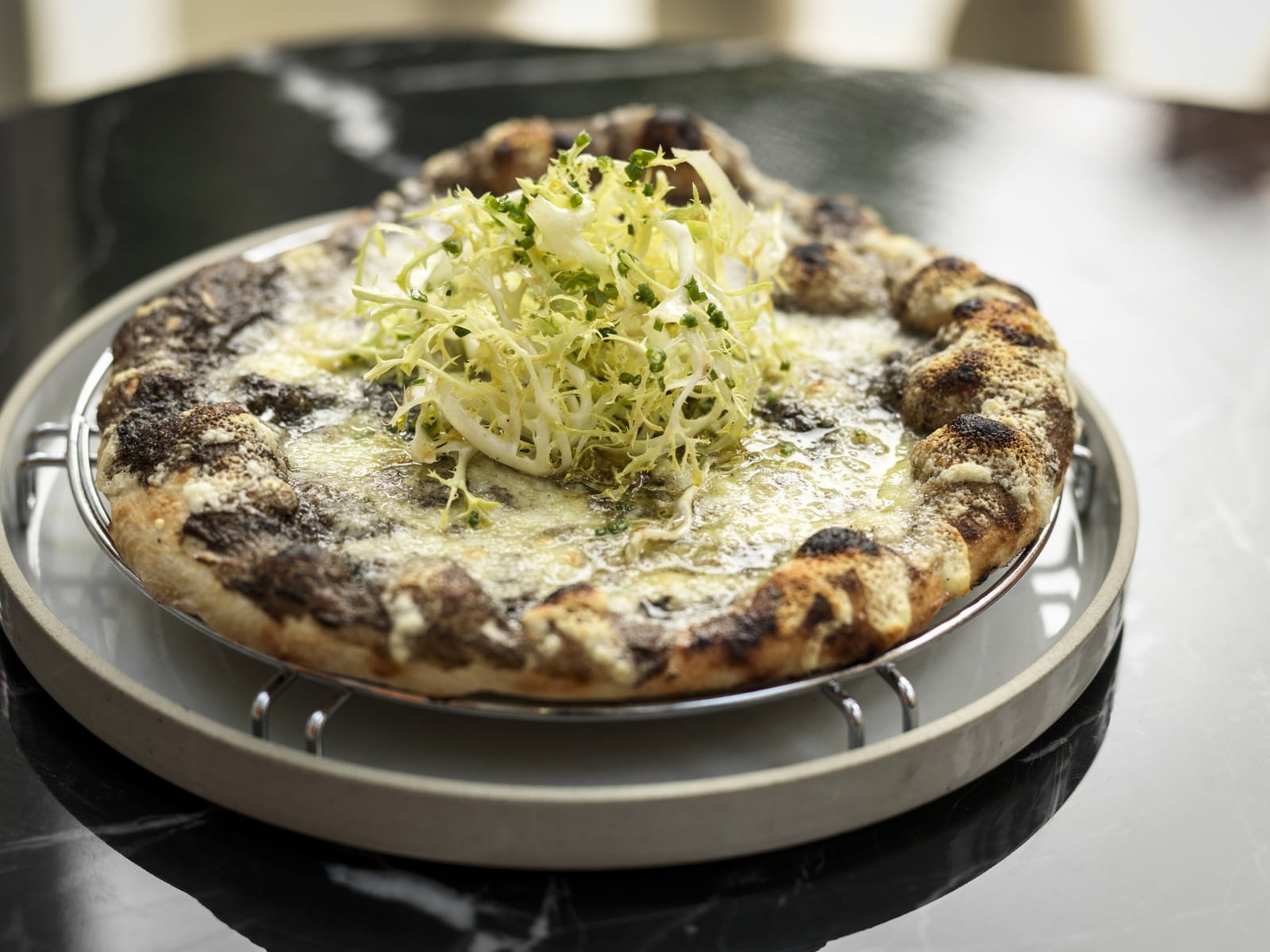  Black truffle and fontina pizza and Puligny Montrachet