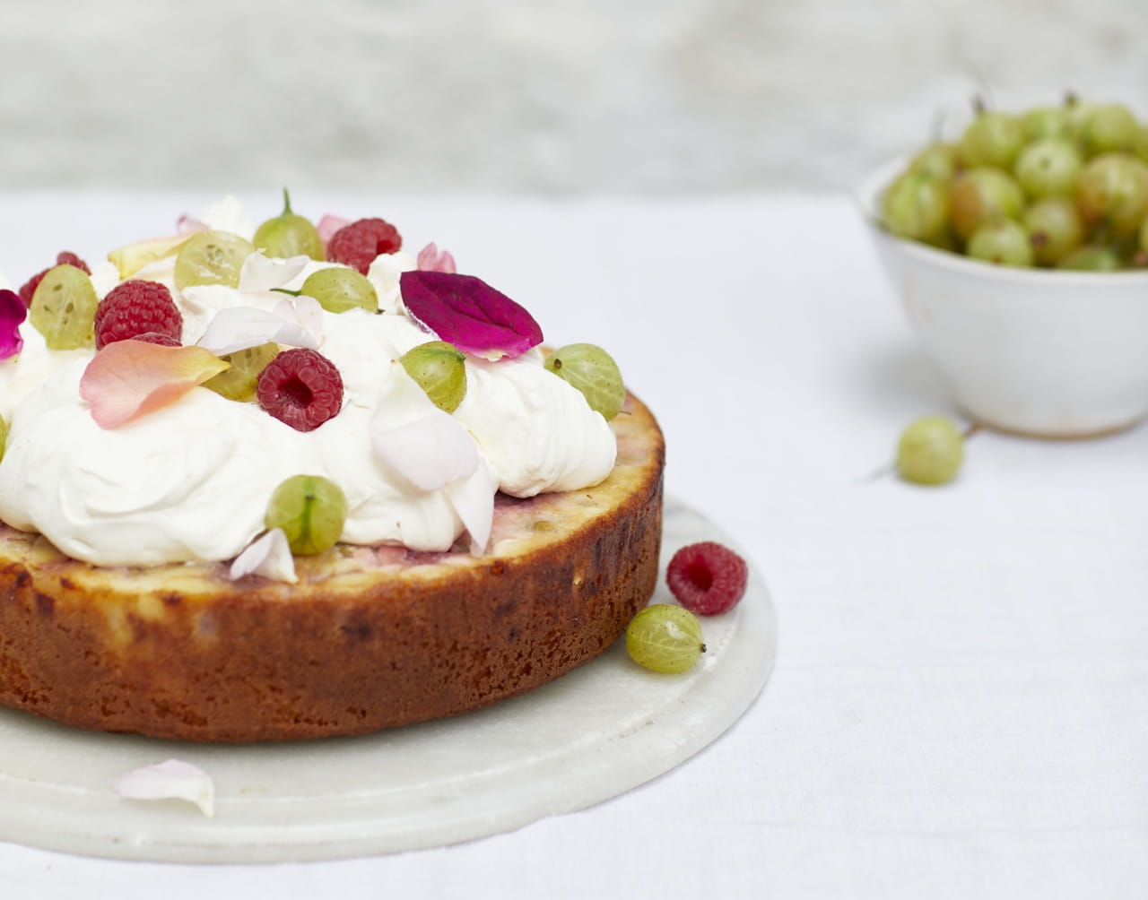Summer gooseberry and raspberry upside-down cake