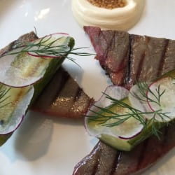 Grilled ox tongue with radishes and Mr Thirsty vin de soif