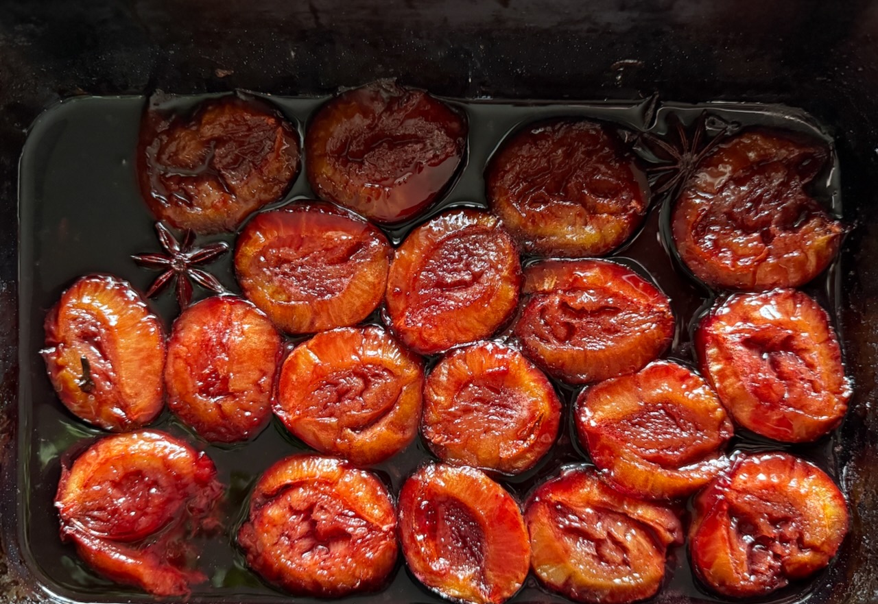 Roast plums with shiraz and star anise