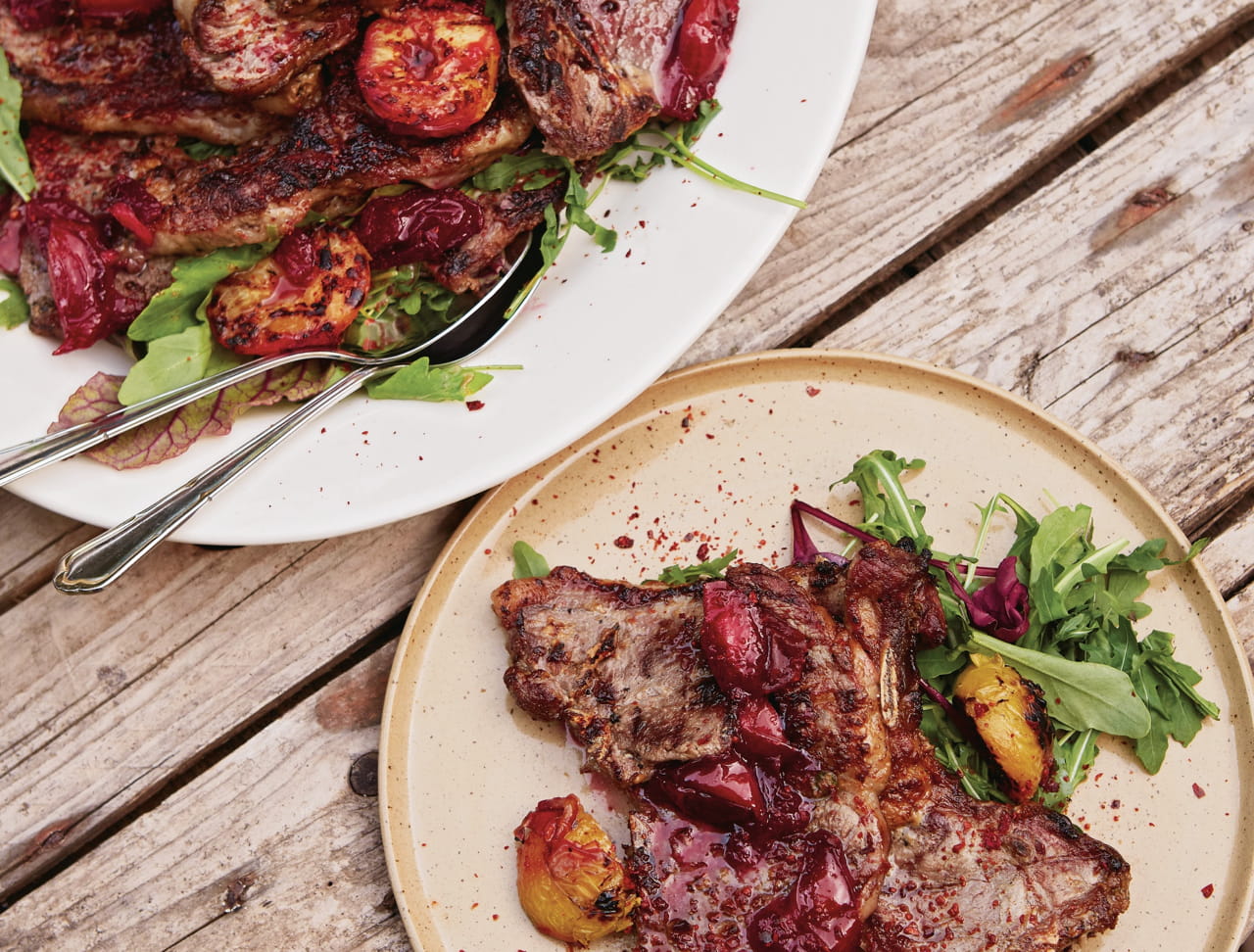  Tahini BBQ lamb chops with fresh plums and spiced plum sauce