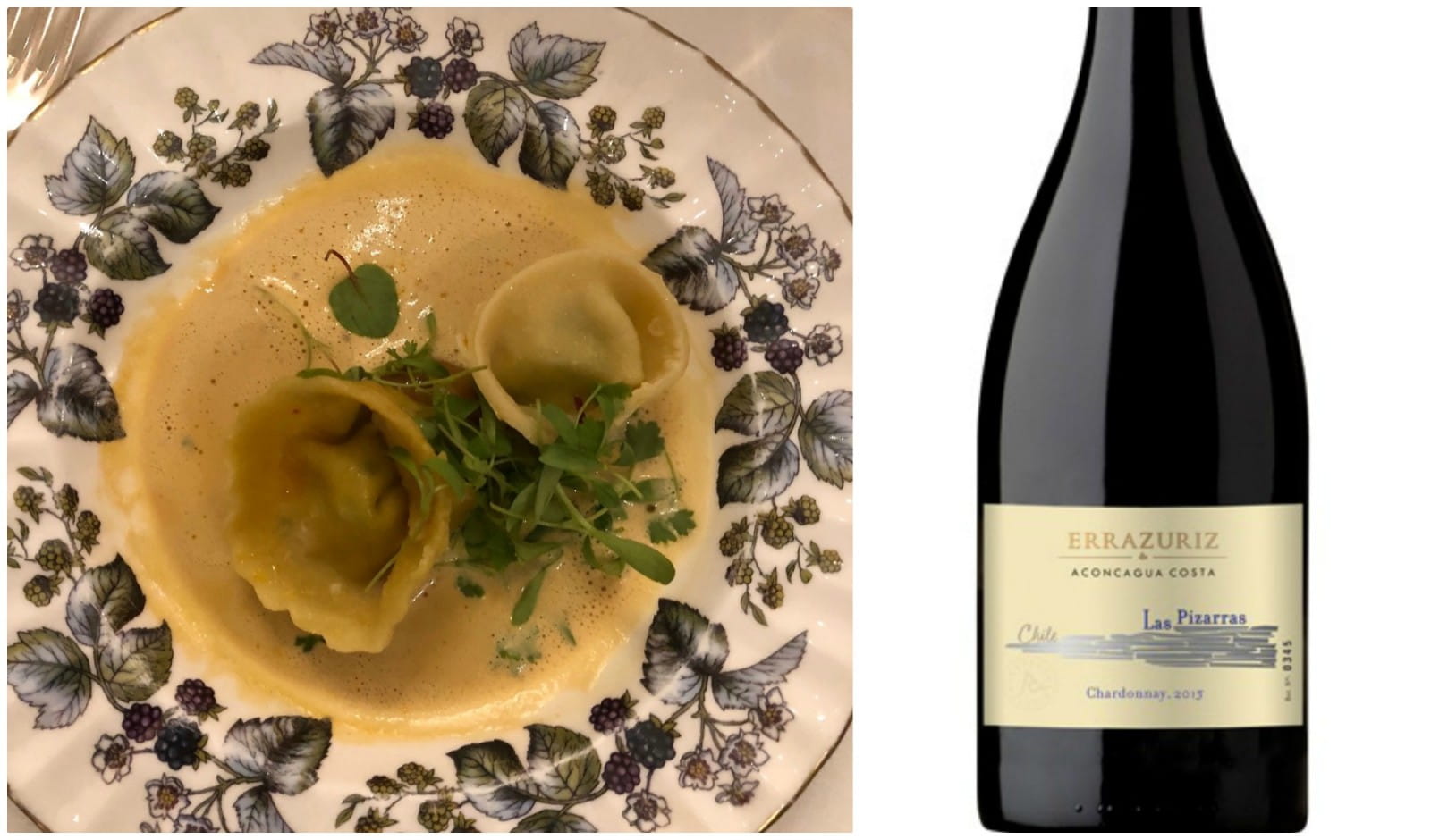 Langoustine ravioli and Errazuriz Las Pizarras chardonnay