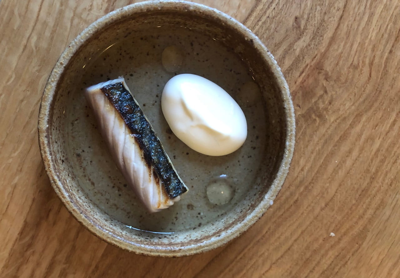 Mackerel and red gooseberry juice