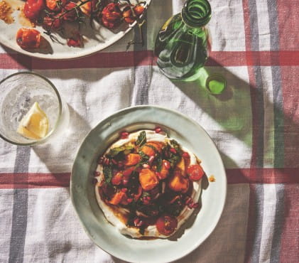 Charred Tomatoes with Cool Yoghurt, Pomegranate Molasses and Herbs