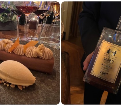 Milk chocolate délice with miso caramel ice cream and a 1987 Georgian dessert wine