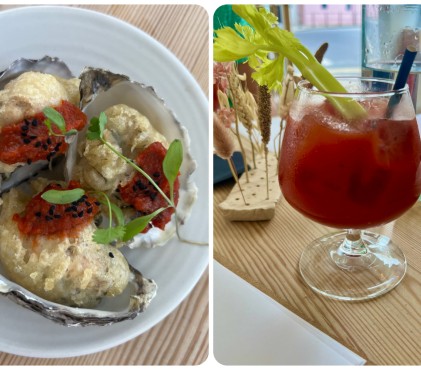 Fried oysters with harissa and a Virgin Mary
