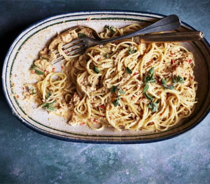 Spaghetti with Almond Cream, Fresh Crab, Chilli and Marjoram