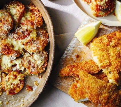 Breadcrumbed Tomatoes Baked in Cream with Fried Chicken