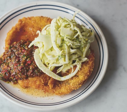 Chicken schnitzel, burnt salsa, fennel slaw