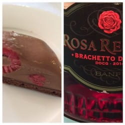 Frozen milk chocolate and raspberry cake with Rosa Regale Brachetto d’Acqui