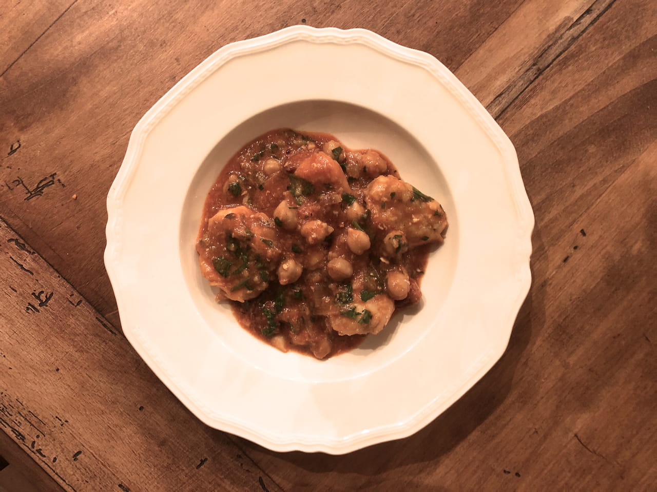 Monkfish, chorizo, saffron and chickpea stew