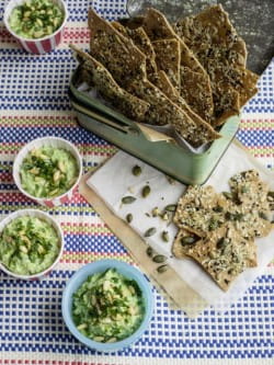 Pea, parsley & cheddar dip with pumpkin seed crackers