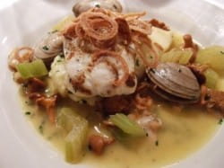 Plaice with clams, girolles and mash with FMC Chenin