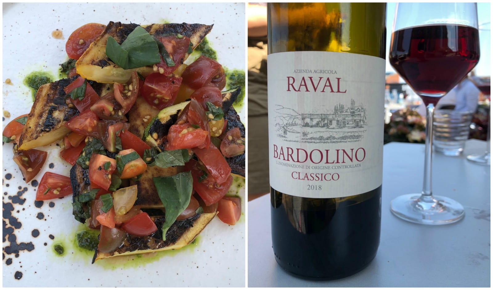 Polenta with roasted courgettes, tomatoes and basil and Bardolino
