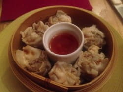 Toulouse sausage and prawn dumplings with sweet chilli sauce and Thierry Puzelat gamay
