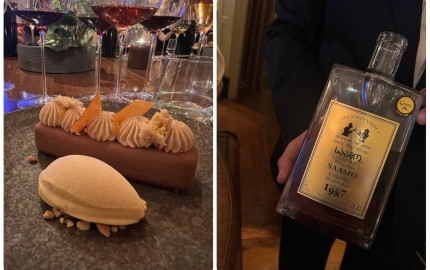 Milk chocolate délice with miso caramel ice cream and a 1987 Georgian dessert wine
