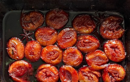 Roast plums with shiraz and star anise