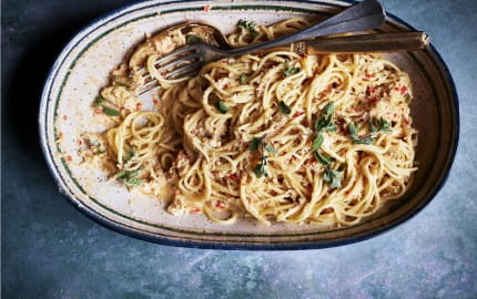 Spaghetti with Almond Cream, Fresh Crab, Chilli and Marjoram