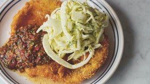 Chicken schnitzel, burnt salsa, fennel slaw
