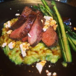 Roast lamb with wild garlic risotto, asparagus and feta with a chilled Languedoc red