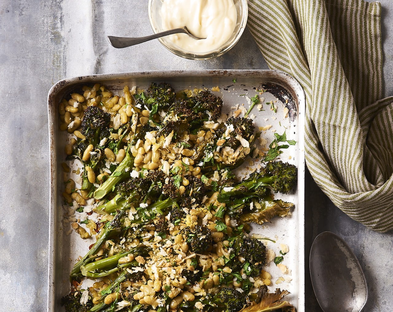 Purple Sprouting Broccoli and Flageolet Beans with Preserved Lemon Mayo