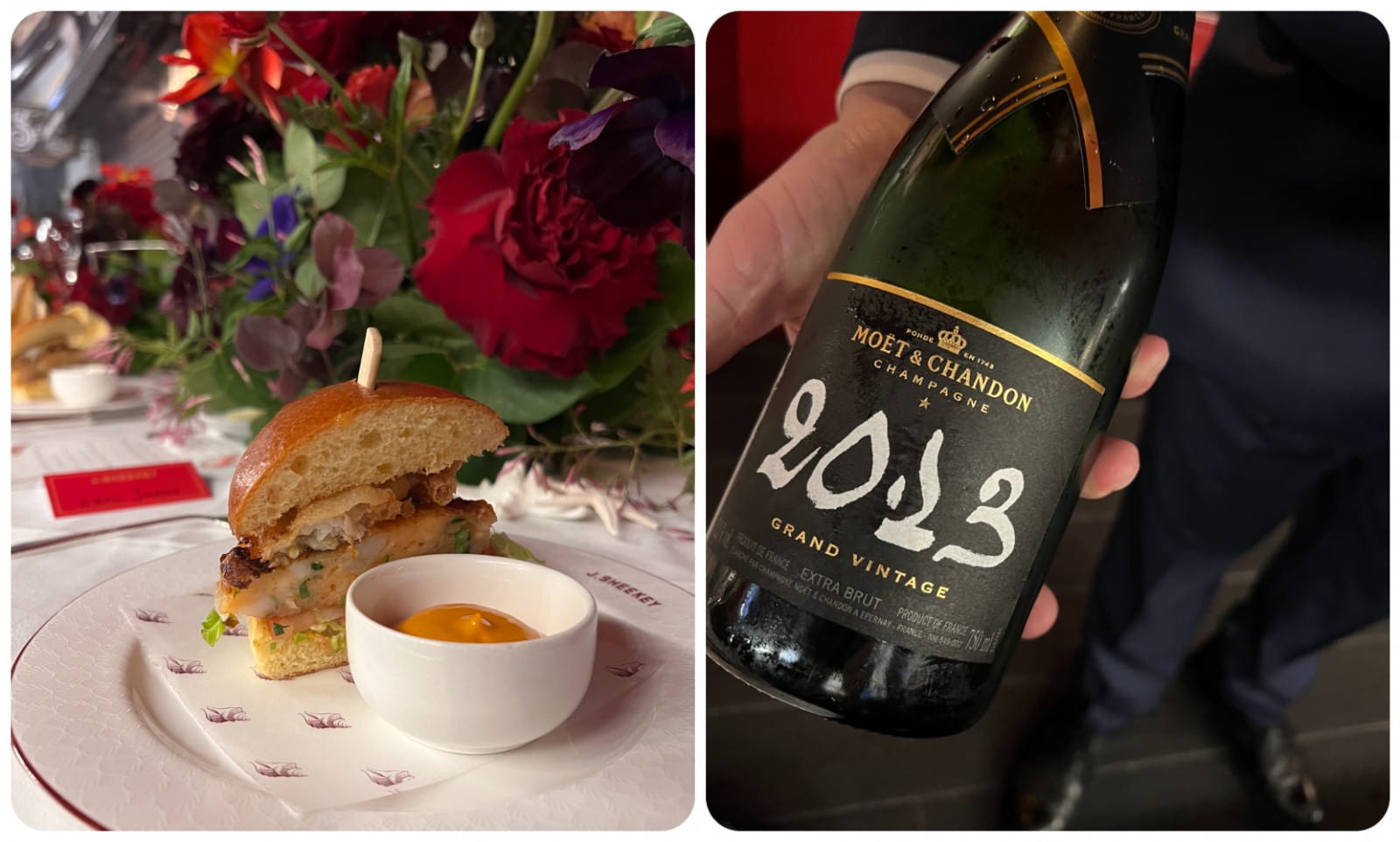 Shrimp and soft shell crab burger with vintage champagne