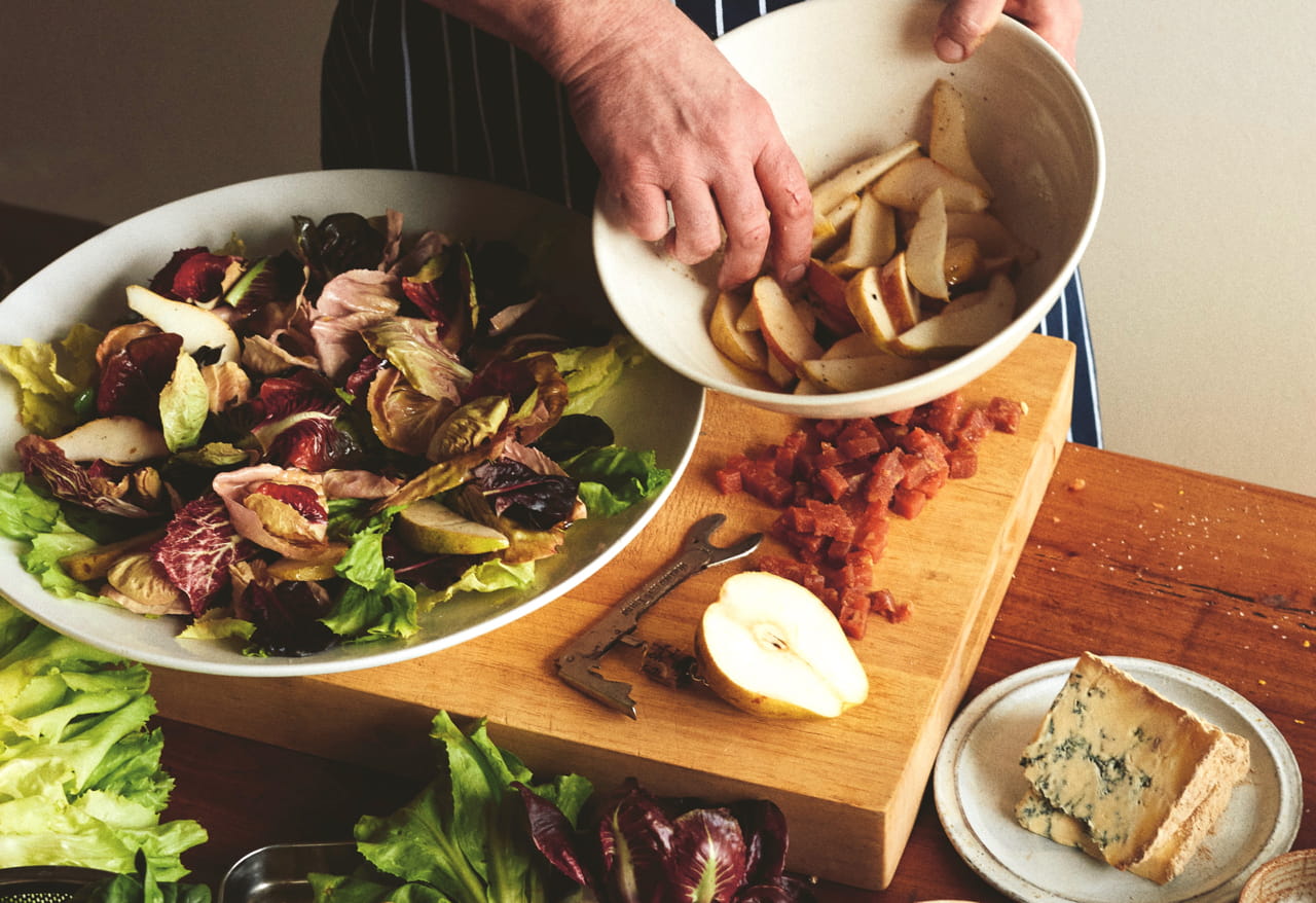 Stichelton, pear and walnut salad