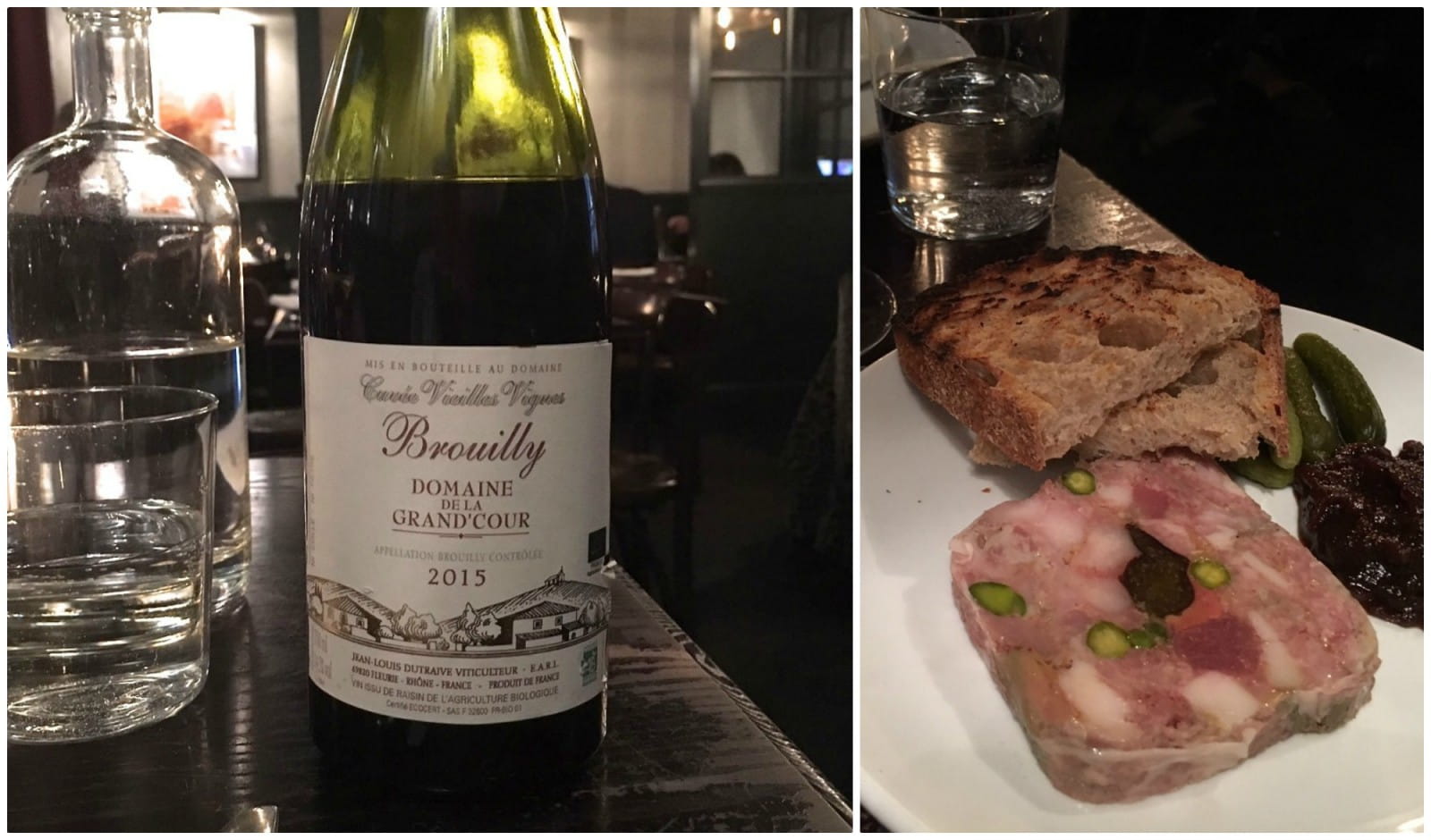 Pork and pistachio terrine and old vine Brouilly