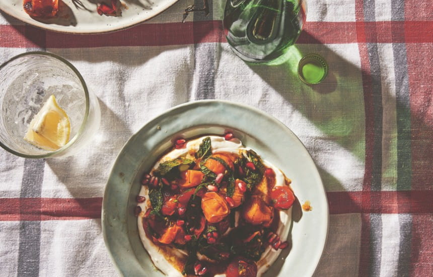 Recipes | Charred Tomatoes with Cool Yoghurt, Pomegranate Molasses and Herbs