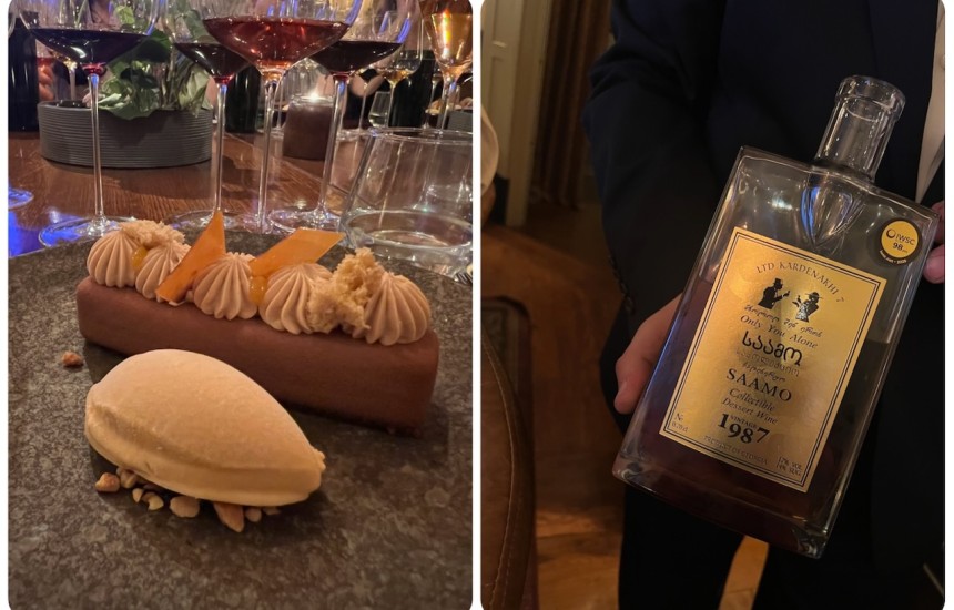 Milk chocolate délice with miso caramel ice cream and a 1987 Georgian dessert wine