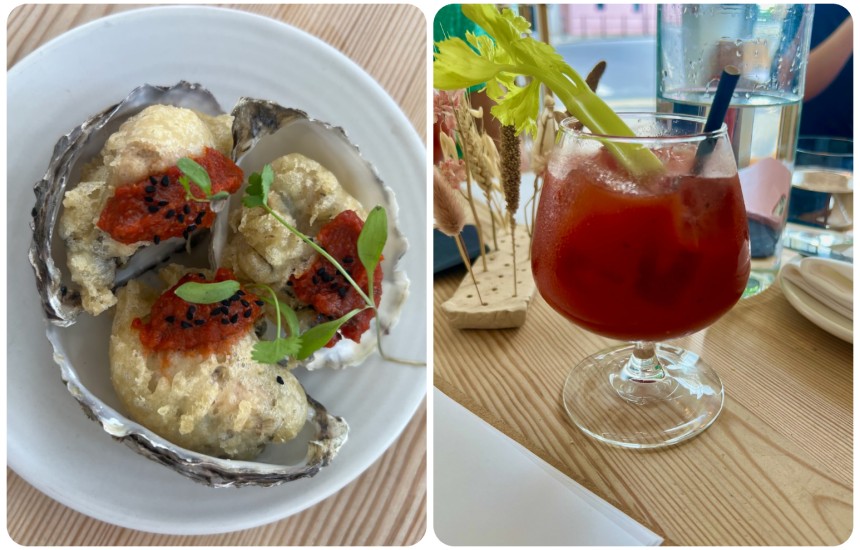 Fried oysters with harissa and a Virgin Mary